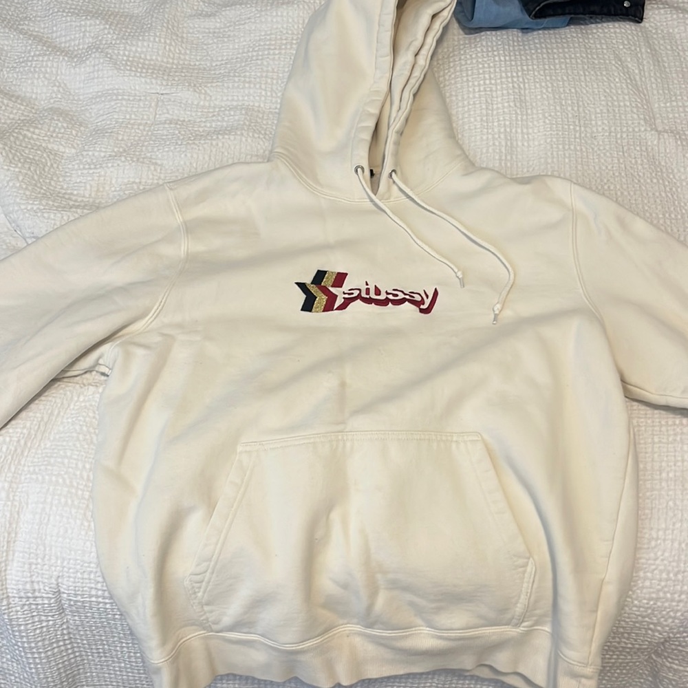 STUSSY Logo White/ Cream Hoodie Pocket Cotton Long Sleeve